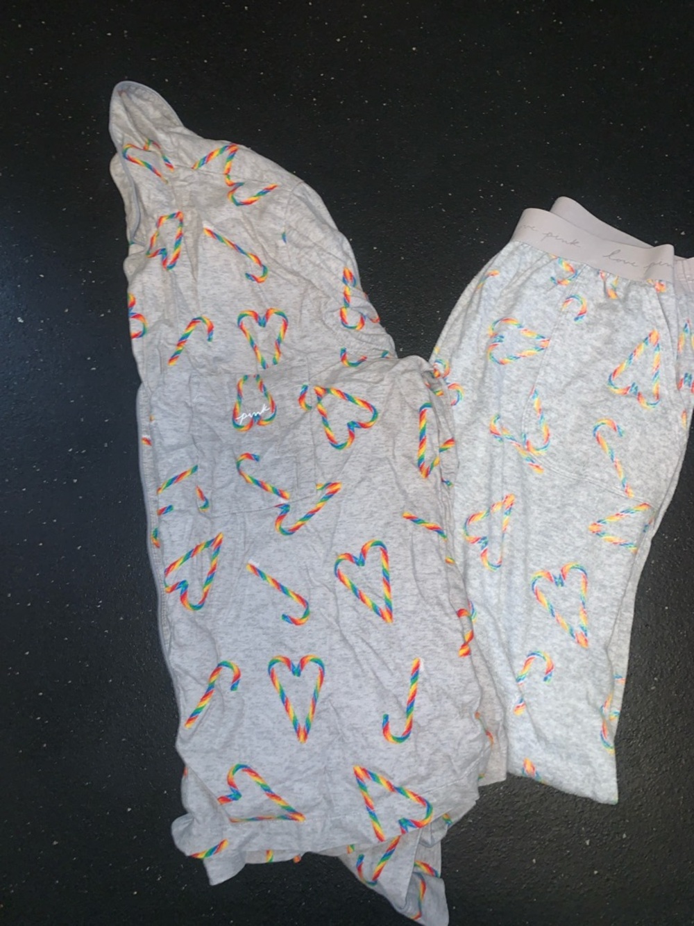 PINK Gray Pajama Set with Rainbow Candy Cane Hearts- button L/S and Joggers-Sz L